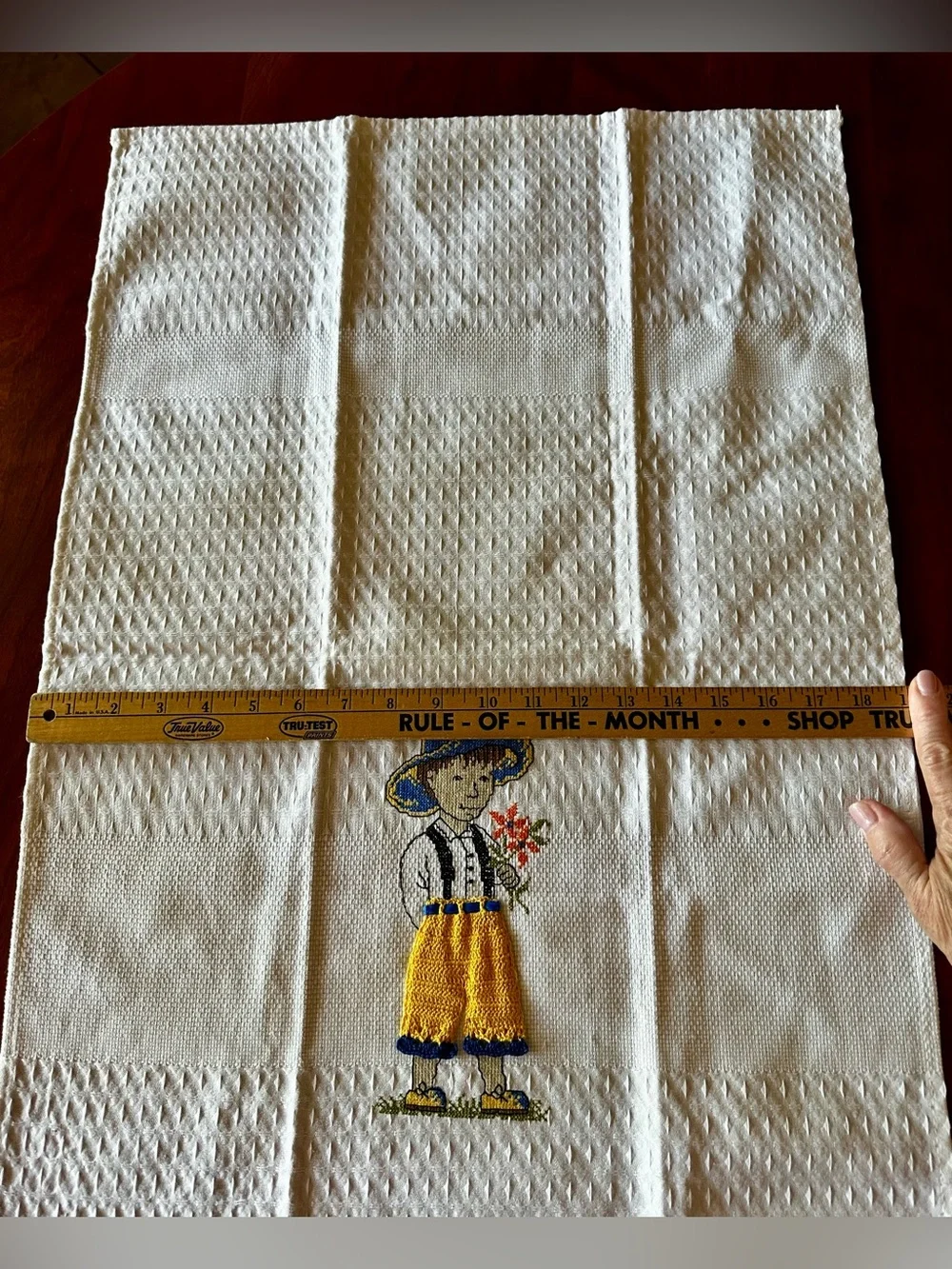 NWOT Pair of embroidered and crocheted tea towels. White cotton waffle weave.